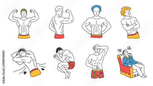 Hand drawn colorful illustrations of muscular men flexing and sleeping in bed