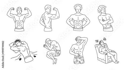Line art sketches of muscular men flexing their bodies and sleeping soundly