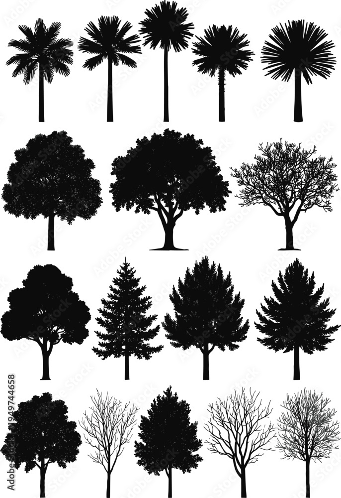 Fototapeta premium WebCollection of leafy tree silhouettes with dense foliage crowns, decorative botanical forest elements isolated on white background, natural woodland plant vector set