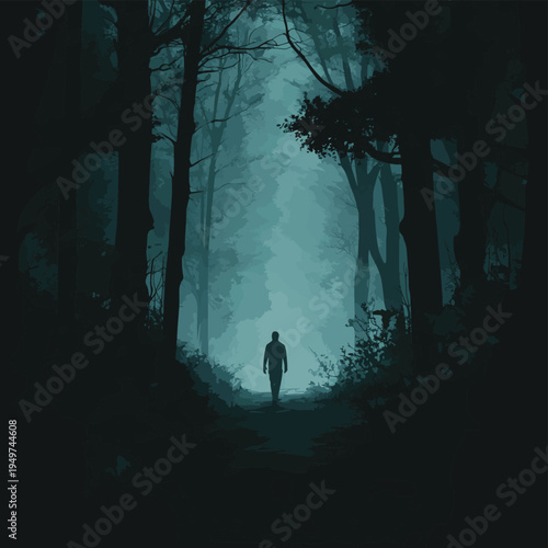 Spooky unknown one person man walking in dark forest , vector style simple color