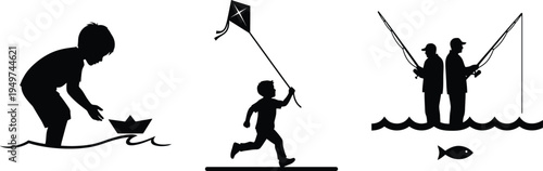 Silhouette T-Shirt Design of Pirate Adventure with Digging, Sailing, and Treasure Hunting Scenes