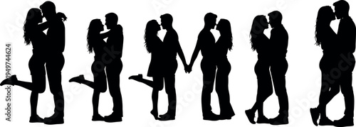Romantic couple silhouette collection showing love, hugging and kissing poses, relationship moments isolated on light background, modern people vector illustration set for Valentine themes
