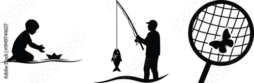 Silhouette T-Shirt Design of Fishing Scene with Angler and Child by Riverbank