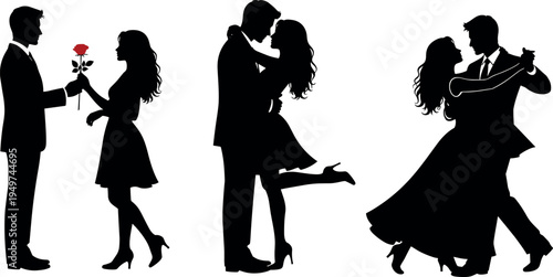 Romantic couple silhouette set showing dancing, hugging and giving rose, love relationship and dating concept elegant vector illustration isolated on white background
