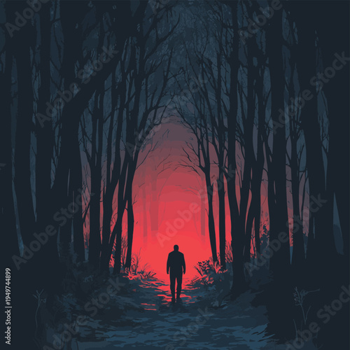 Spooky unknown one person man walking in dark forest , vector style simple color