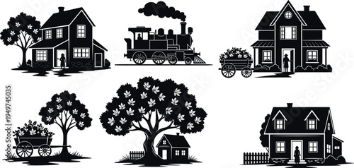 Vintage countryside silhouette set with rural houses, steam locomotive, trees and cart, classic village landscape illustration collection, nostalgic black and white vector design elements