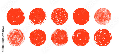 Red Japanese sun stamp in brush ink style. Grunge calligraphy circle with vintage texture for poster, flag, and abstract design.