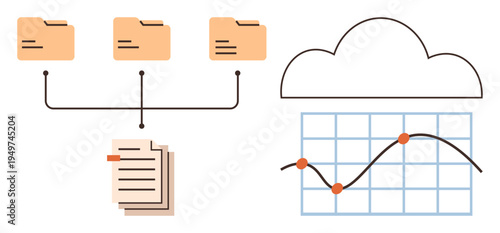 Data storage, cloud computing, analytics, document organization, information systems, network infrastructure. Connected folders, documents cloud and graph with data points. Data storage and cloud