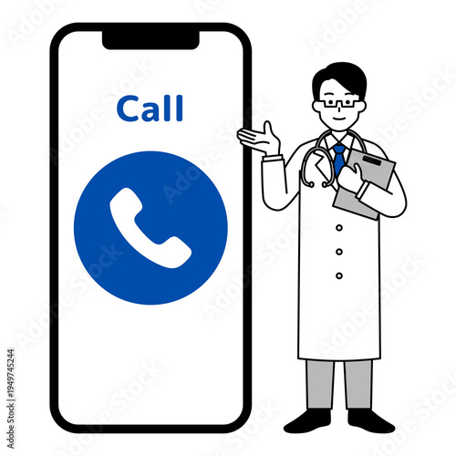 大きいスマートフォンで電話を案内する医師の男性