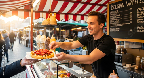 Smiling young man at a striped market stall handing over a warm waffle topped with fresh sliced strawberries
