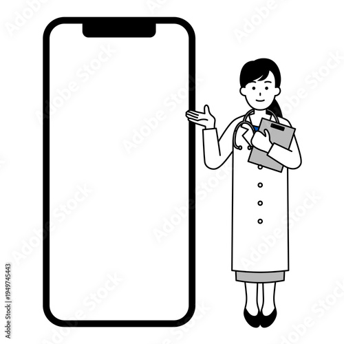空白の画面の大きいスマートフォンと医師の女性
