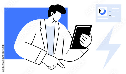Data analysis concept. Business professional viewing data on a tablet with a dashboard interface for insights. Data analysis key for decision making, research, productivity, and presentations