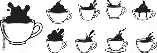 Collection of coffee cups with splashing liquid black and white