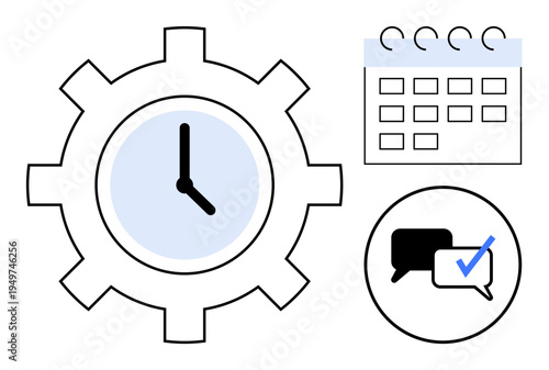 Blue clock inside a gear, calendar, and dialogue bubbles with checkmark emphasize organization, deadlines, and teamwork. Ideal for productivity, planning, workflow, scheduling collaboration