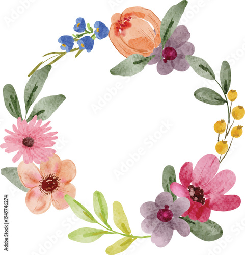 peony bud, anemone daisy and aster watercolor wreath  illustration
