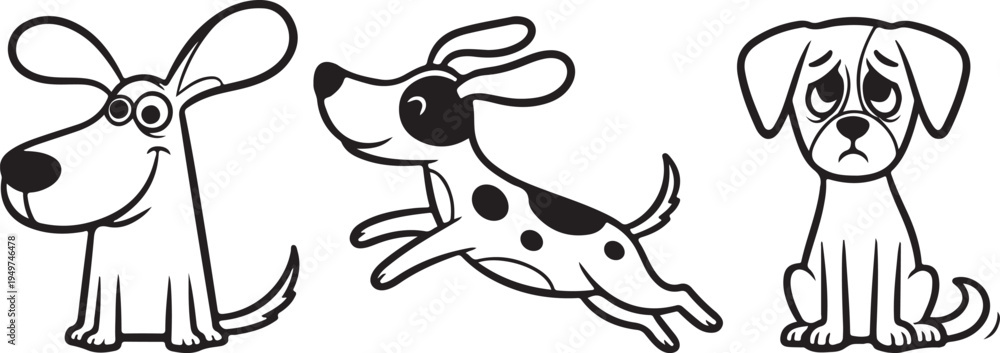 Obraz premium Three cartoon dogs with different expressions and poses