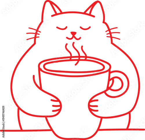 Red line cat holding a steaming mug of coffee hot drink