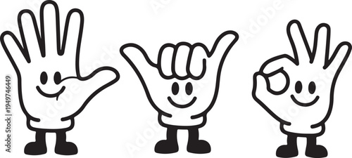 Three cartoon hands making different gestures black and white