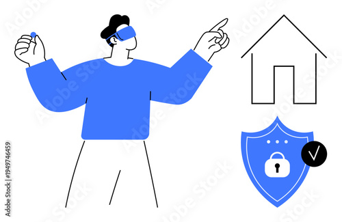 Smart home technology. A person interacts with virtual reality and a home setup, emphasizing advanced smart home security systems and connected living. For tech, safety, and innovation contexts