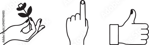 Three simple line hands holding flower pointing and thumbs up