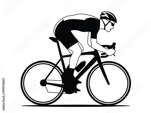 Silhouette of a professional cyclist, in aerodynamic racing position on a bicycle, vector illustration representing speed, competitive cycling, sports, and athletic performance.