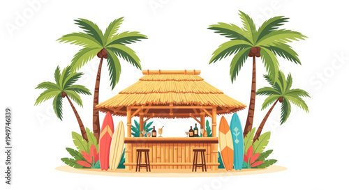 Tropical Beach Bar with Palm Trees and Surfboards, Summer Vacation