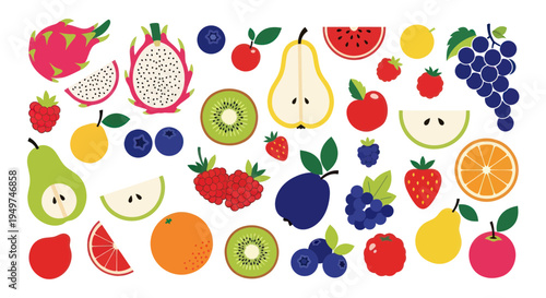 Vibrant Assortment of Fresh Fruits and Berries Flat Design