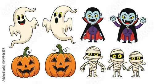 Cute Halloween Characters: Ghosts, Vampires, Pumpkins, Mummies - Vector Set