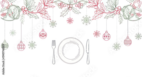 Christmas Dinner Table Setting with Holly, Ornaments and Snowflakes