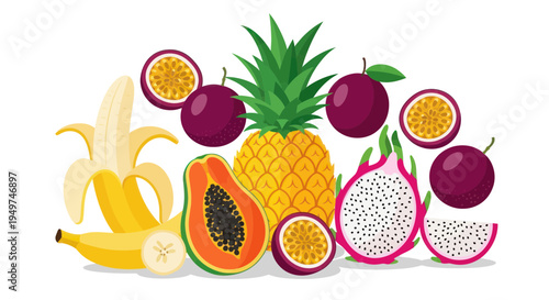Assortment of exotic tropical fruits: pineapple, banana, papaya, passion fruit, dragon fruit