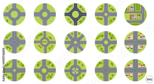 Collection of Circular Road Junctions and Intersections, Top View