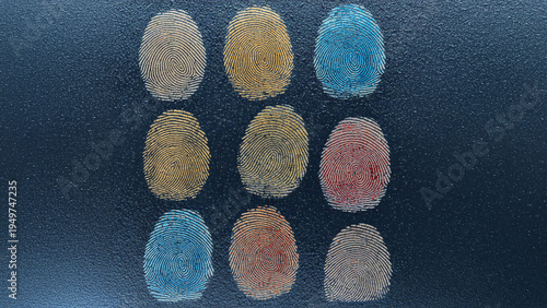Six fingerprints stamped on different colored surfaces