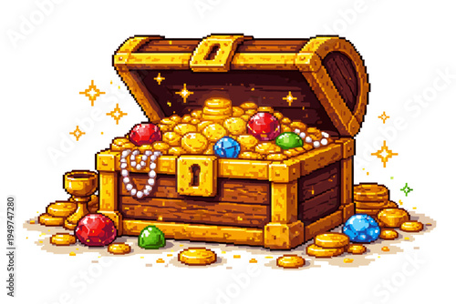 Pixel Art Treasure Chest Overflowing with Golden Coins, Sparkling Gems, and Precious Jewelry; Retro 8-bit Game Asset Icon of an Open Wooden Loot Box with Rubies, Sapphires, and Pearls on White