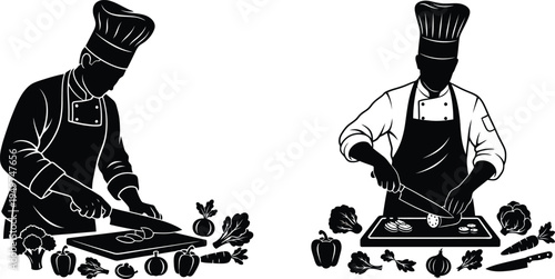 Two professional chefs in chef hats preparing fresh vegetable ingredients on a wooden cutting board