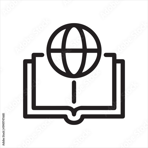 International education, dictionary, global knowledge outline icon. Line sign open book and symbol globe. Vector isolated pictograms for web and app on white background editable stroke.