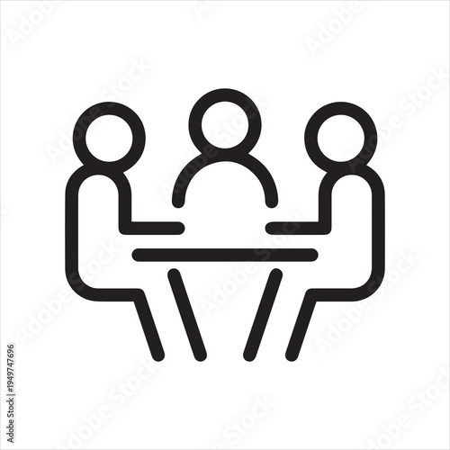 Meeting room, discussion, business conference, support group outline icon. Line sign group of three people sitting at table. Vector isolated pictograms on white background editable stroke.