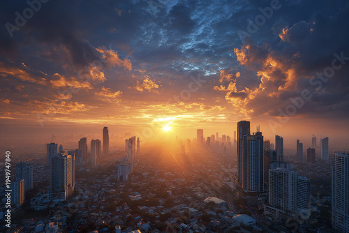 City skyline at sunrise with golden light and dramatic sky, tall buildings casting long shadows over urban area, creating peaceful and inspiring morning atmosphere
