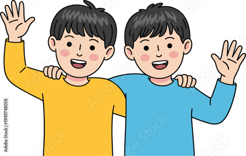 Two happy boys waving hands, best friends hugging together, childhood friendship concept, flat vector illustration