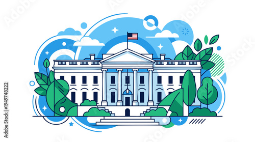 A stylized illustration of the White House with an American flag, surrounded by abstract blue and green shapes.