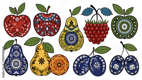 Decorative Fruit Vector Art - Ornate Apples Pears Plums Berries for Design & Decor