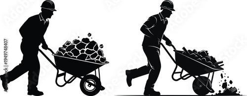 Two black silhouette illustrations of construction workers pushing wheelbarrows filled with rocks