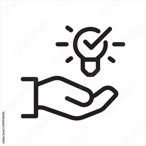 Innovation solution, creative idea, fact, tip, outline icon. Line sign glowing light bulb in hand. Vector isolated pictograms for web and app on white background editable stroke.