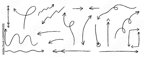 Wobbly Black Arrow Line Set. Pencil Crayon Arrows Direction Kit. Fun Sketch Brush Thin Stroke Arrow Marker Collection. Handdrawn Vector Illustration