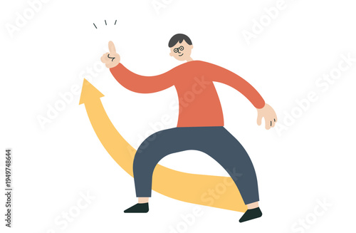 自己肯定感が高まり上昇する矢印と共にさらなる成長を目指す男性のイラスト