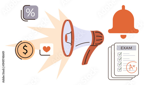 Marketing, education, finance, notifications, communication, student success. A megaphone, bell coins heart percent and exam paper with an A grade . Marketing and education ideas detailed