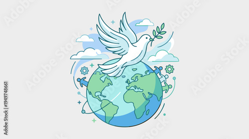 A peaceful dove with an olive branch flying over a stylized blue and green globe with clouds.
