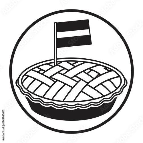 Black and white line of a pie with a small flag on line pie lattice crust simple monochrome