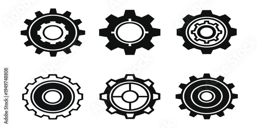 Collection of six black and white gear icons