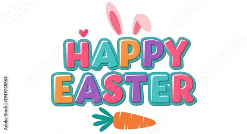 Colorful happy easter text with bunny ears and a carrot on a white background