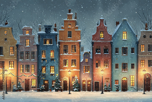 Winter snow falling on colorful European town street with warm glowing windows and decorated pine trees creating cozy festive atmosphere at night